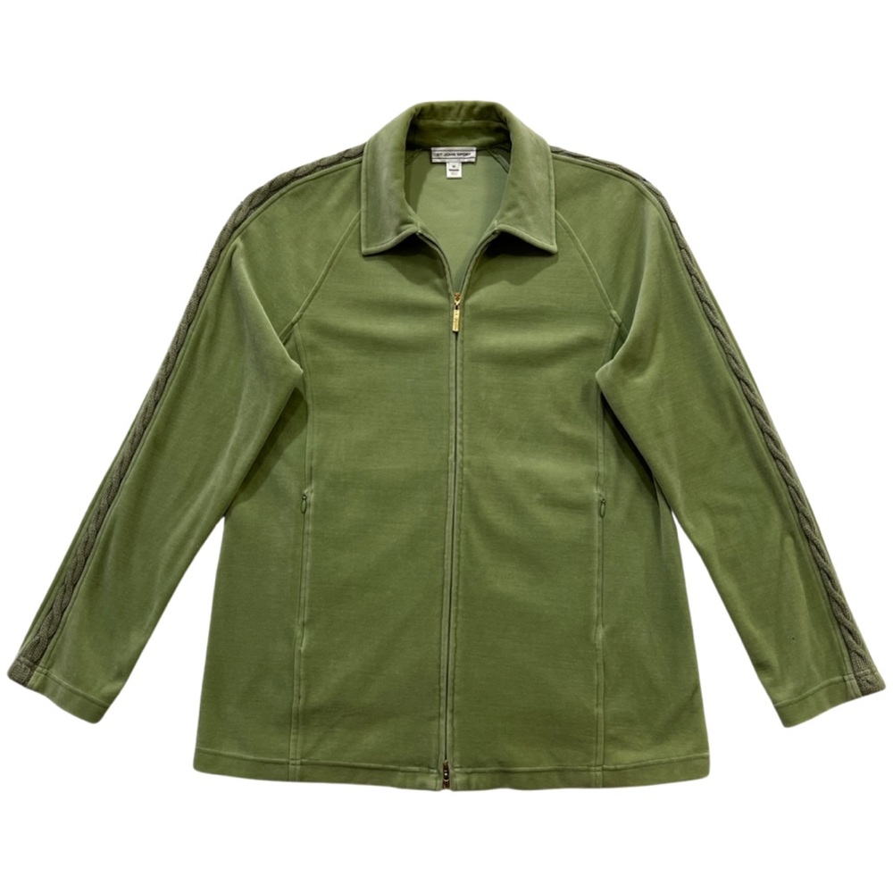 ST JOHN Green Zip JACKET, Velour With Cable Knit Sweater Block on Sleeves, Y2K
